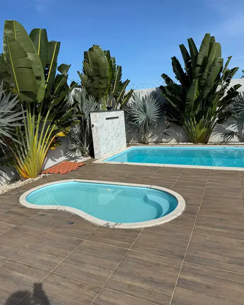 Piscina adulto e piscina infantil em deck amadeirado, cercadas por palmeiras.